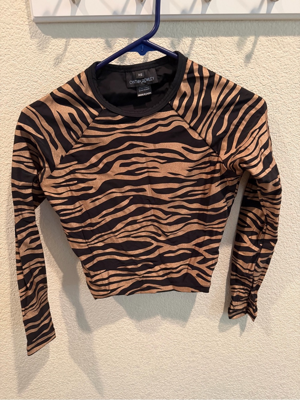 Cynthia Rowley Black and Brown Tiger-Print Long Sleeve Crop Top